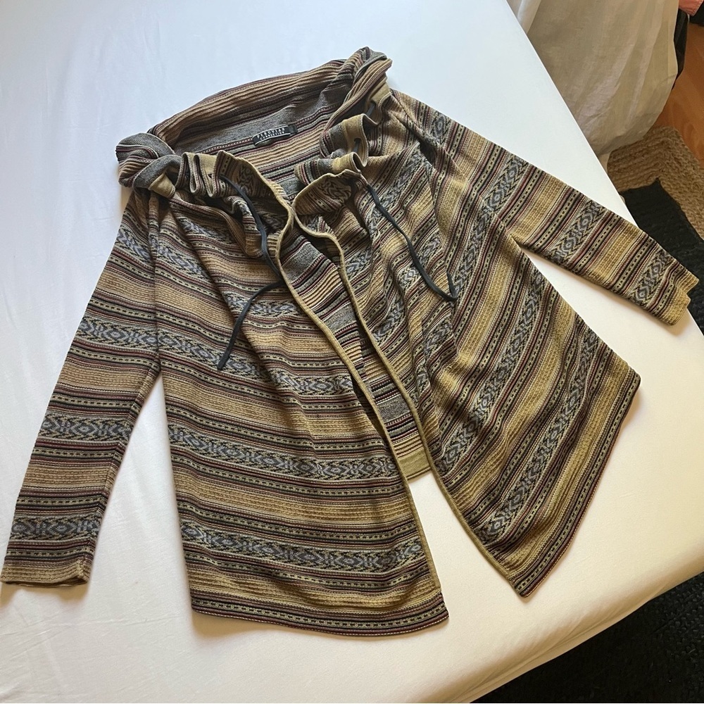 PERUVIAN CONNECTION gold brown striped ruched collar‎ shawl long sleeve cardigan